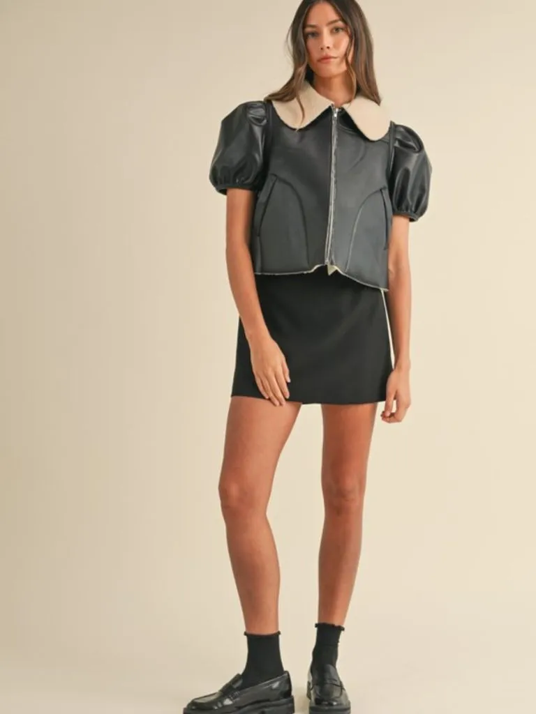 Shearling lined puff sleeve cropped jacket