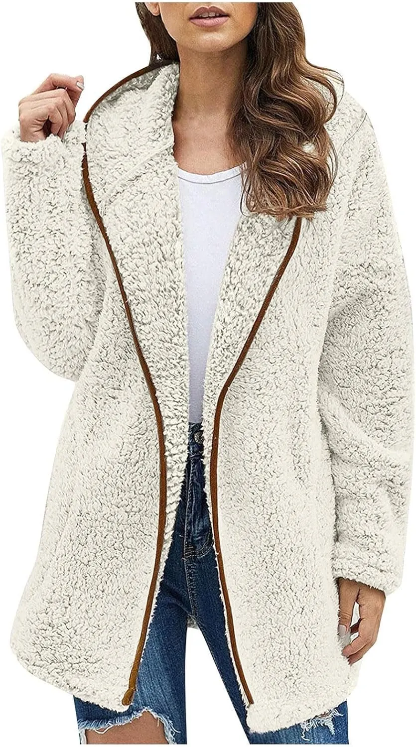 Sherpa Jacket Women Oversized Full Zip Fleece Hoodie Soft Plush Open Front Cardigan Coats Winter Sweater with Pockets