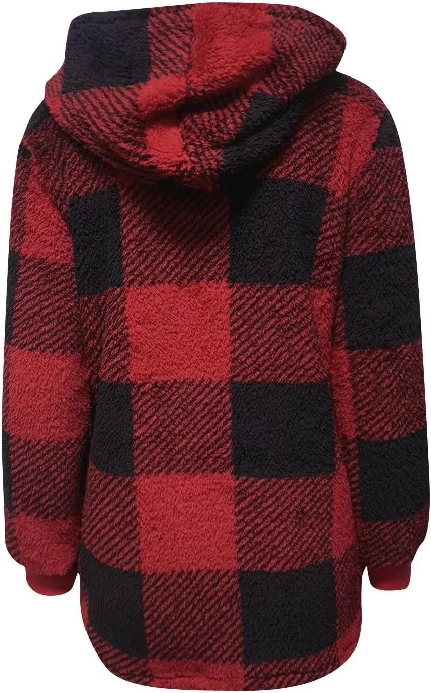 Sherpa Jacket Women Plaid Fuzzy Zip Up Hoodie Warm Plus Size Fleece Jacket Oversized Faux Fur Coat with Pockets