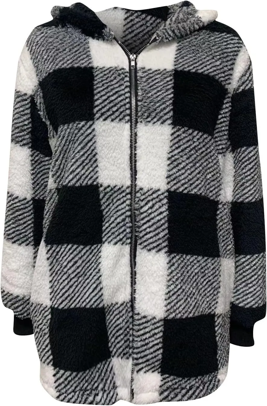 Sherpa Jacket Women Plaid Fuzzy Zip Up Hoodie Warm Plus Size Fleece Jacket Oversized Faux Fur Coat with Pockets
