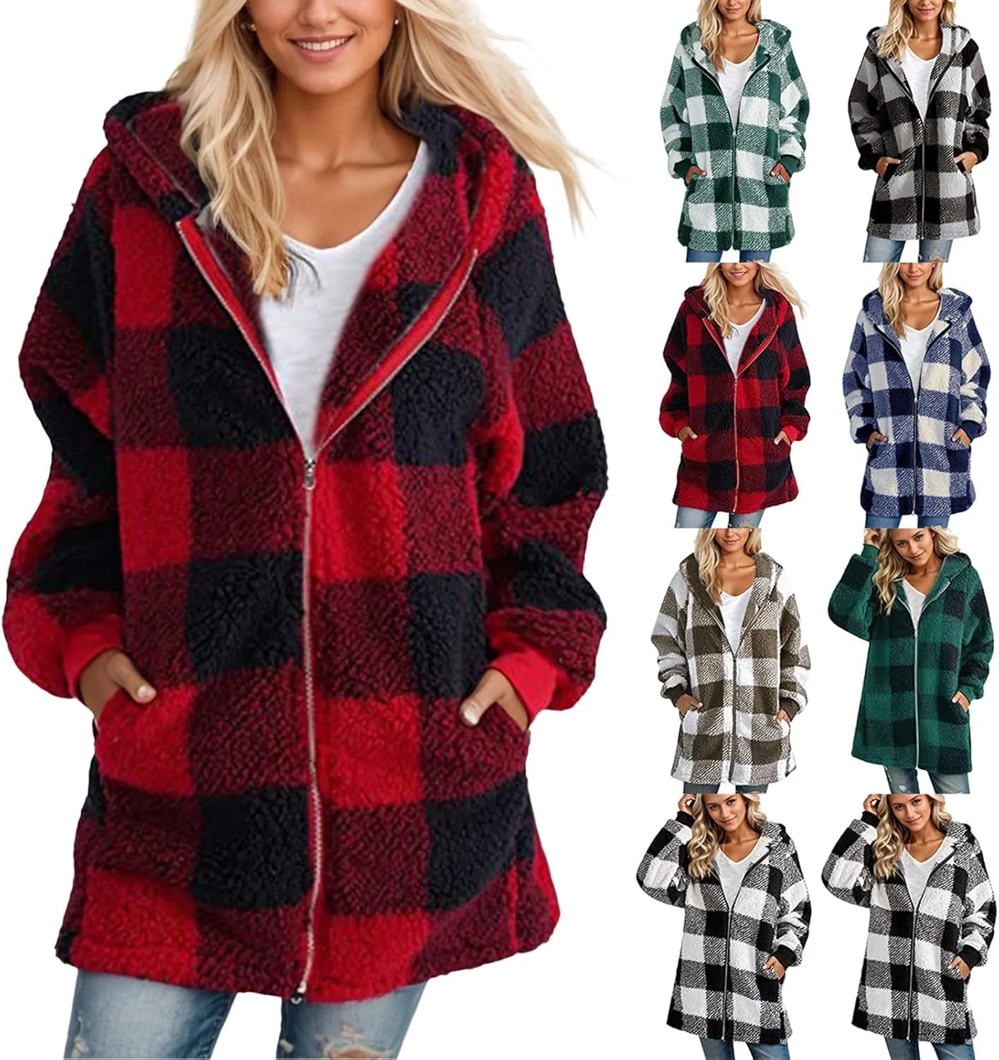 Sherpa Jacket Women Plaid Fuzzy Zip Up Hoodie Warm Plus Size Fleece Jacket Oversized Faux Fur Coat with Pockets