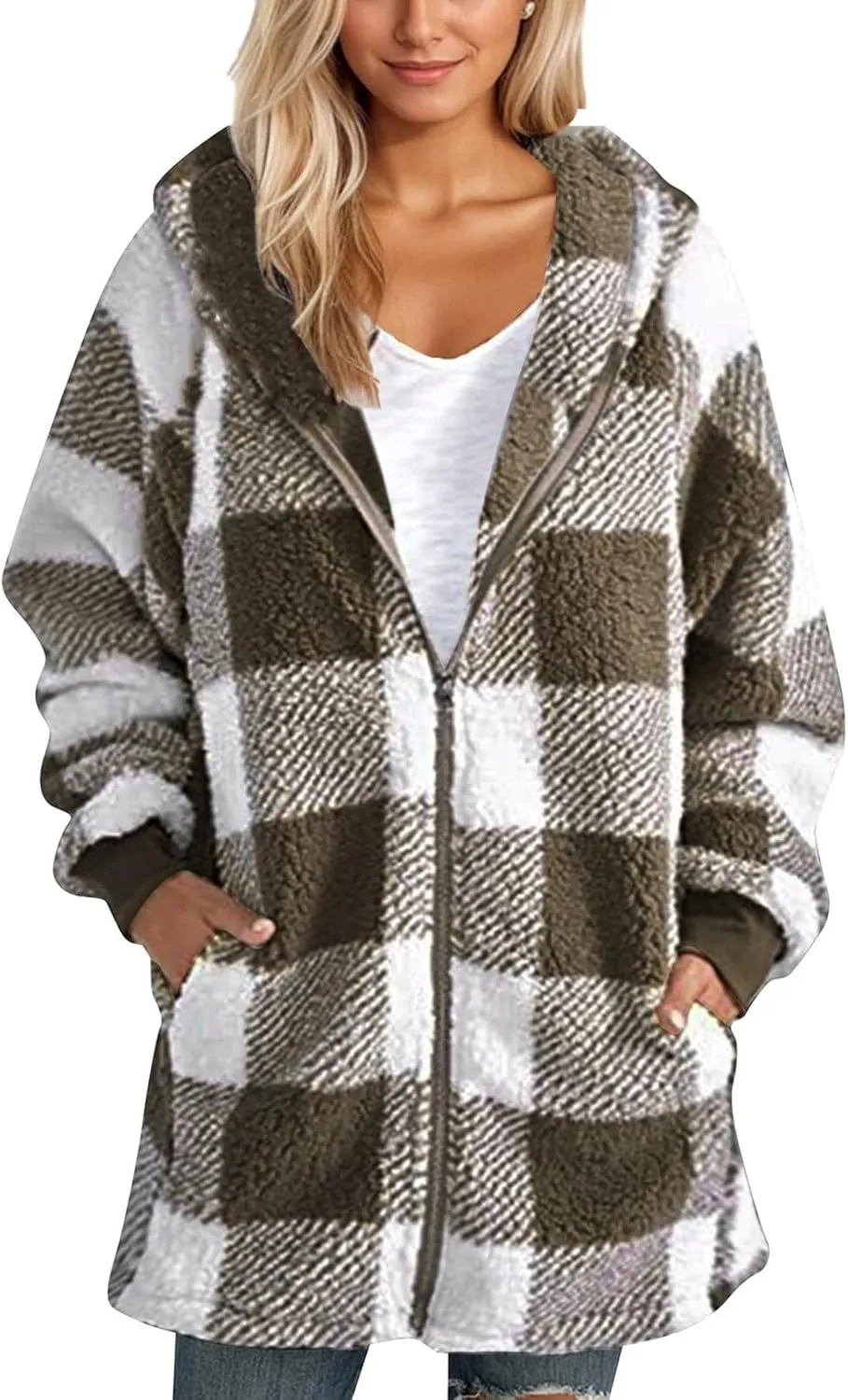 Sherpa Jacket Women Plaid Fuzzy Zip Up Hoodie Warm Plus Size Fleece Jacket Oversized Faux Fur Coat with Pockets