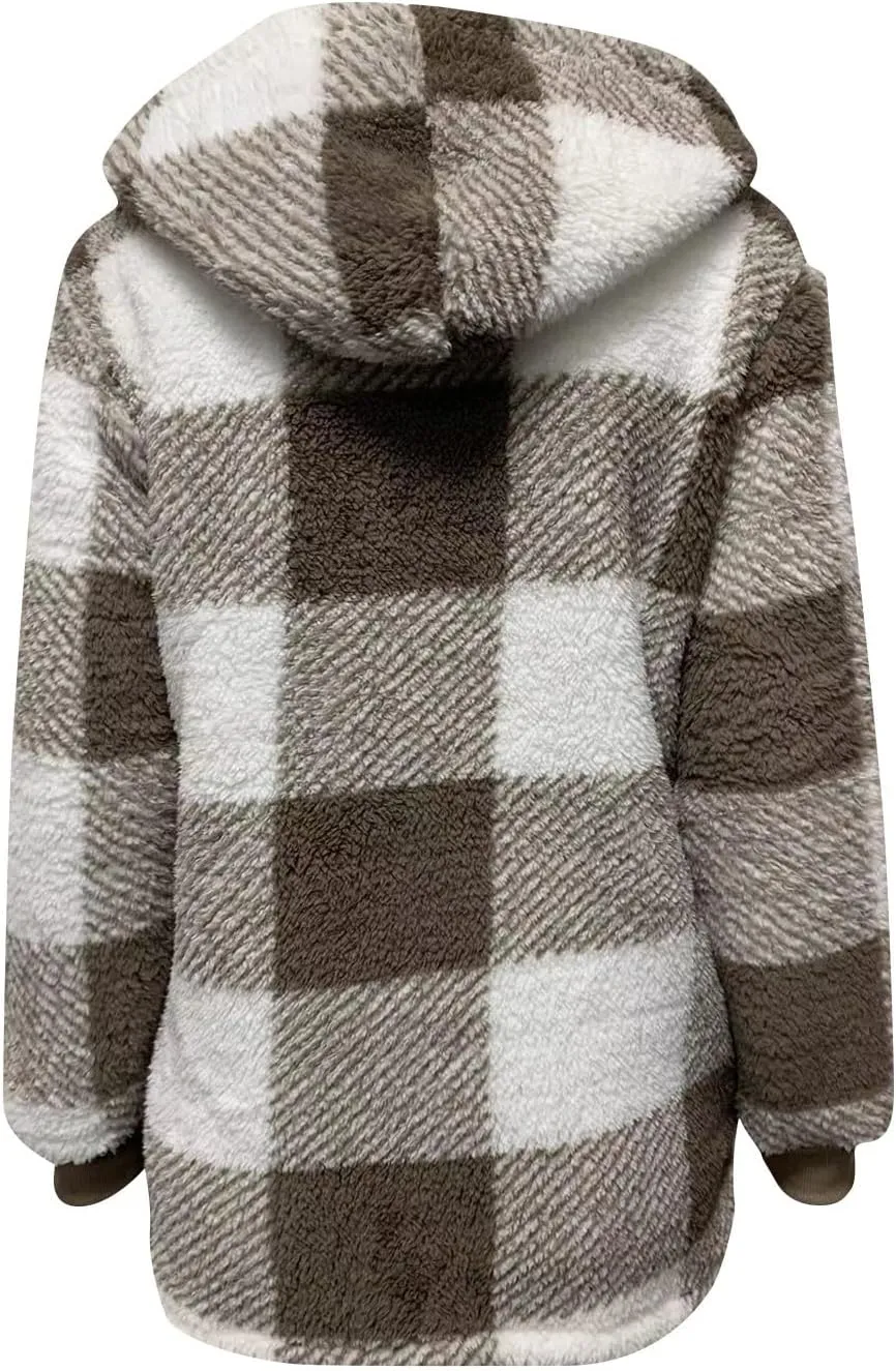 Sherpa Jacket Women Plaid Fuzzy Zip Up Hoodie Warm Plus Size Fleece Jacket Oversized Faux Fur Coat with Pockets
