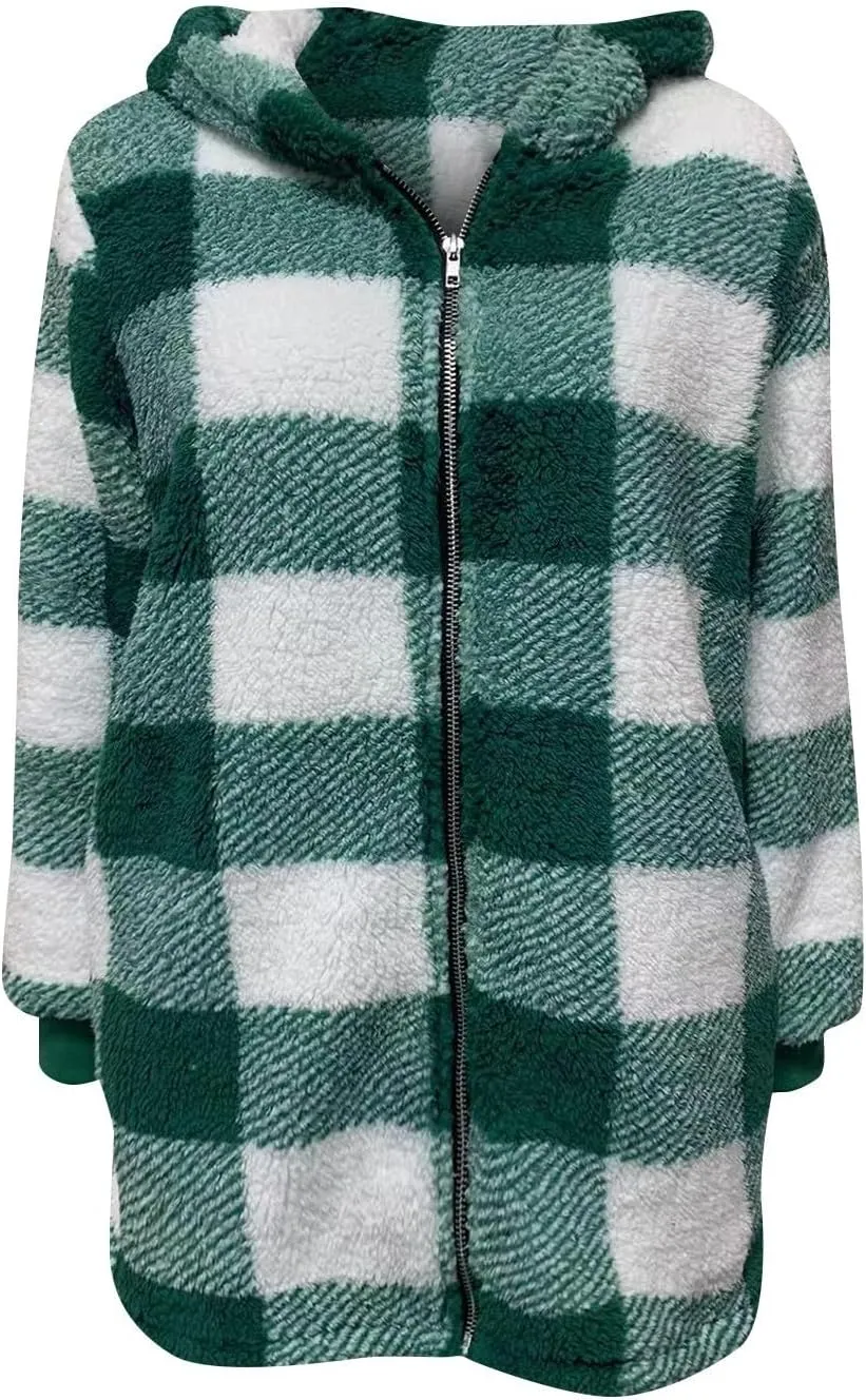 Sherpa Jacket Women Plaid Fuzzy Zip Up Hoodie Warm Plus Size Fleece Jacket Oversized Faux Fur Coat with Pockets