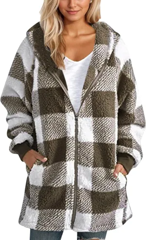 Sherpa Jacket Women Plaid Fuzzy Zip Up Hoodie Warm Plus Size Fleece Jacket Oversized Faux Fur Coat with Pockets