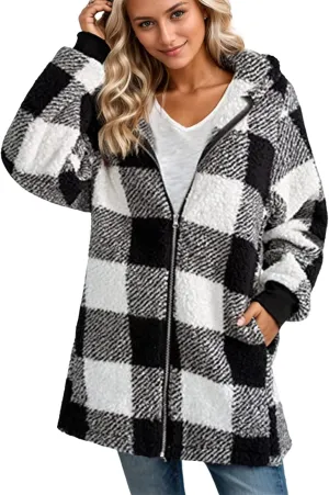 Sherpa Jacket Women Plaid Fuzzy Zip Up Hoodie Warm Plus Size Fleece Jacket Oversized Faux Fur Coat with Pockets