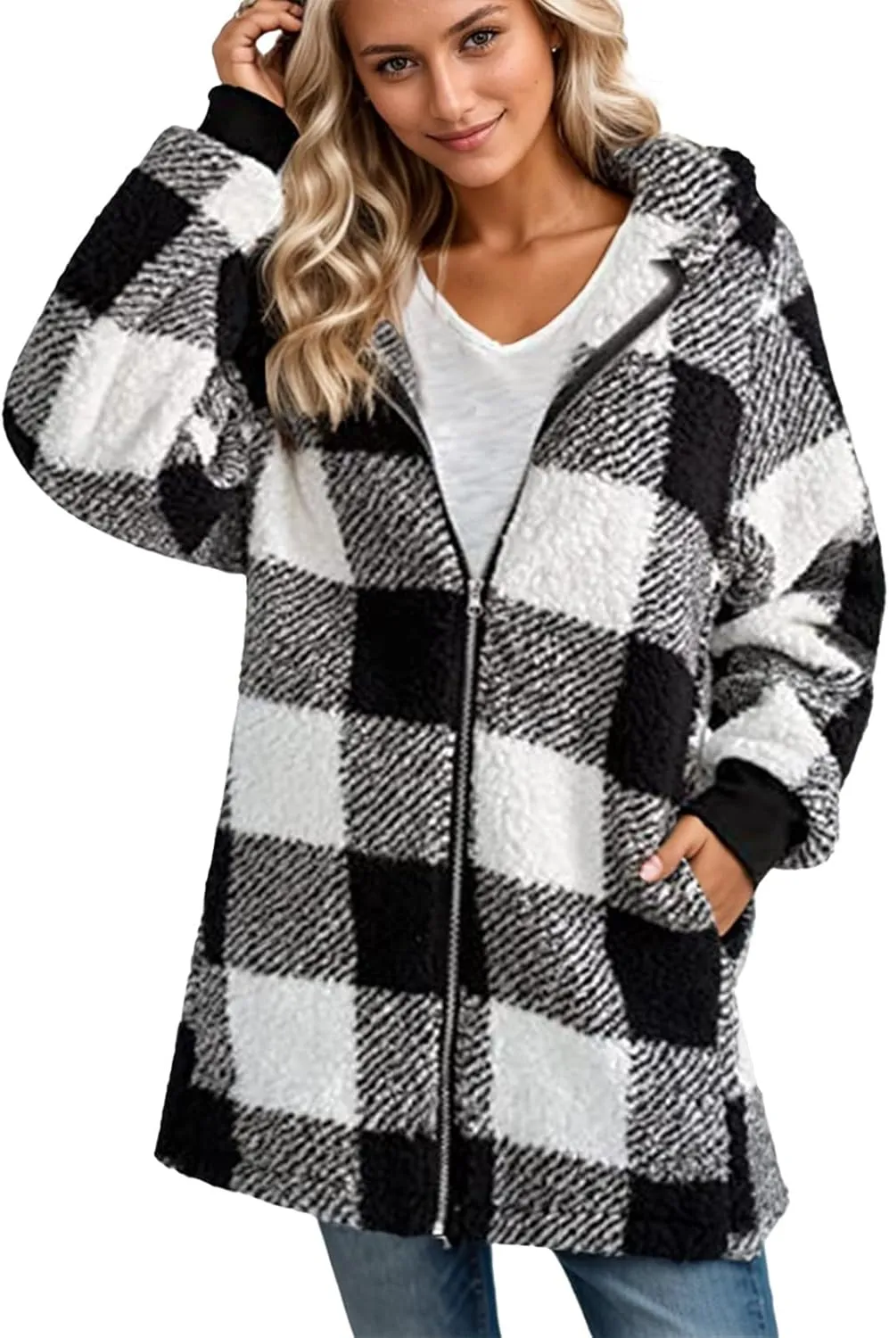 Sherpa Jacket Women Plaid Fuzzy Zip Up Hoodie Warm Plus Size Fleece Jacket Oversized Faux Fur Coat with Pockets