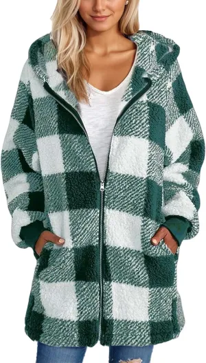 Sherpa Jacket Women Plaid Fuzzy Zip Up Hoodie Warm Plus Size Fleece Jacket Oversized Faux Fur Coat with Pockets