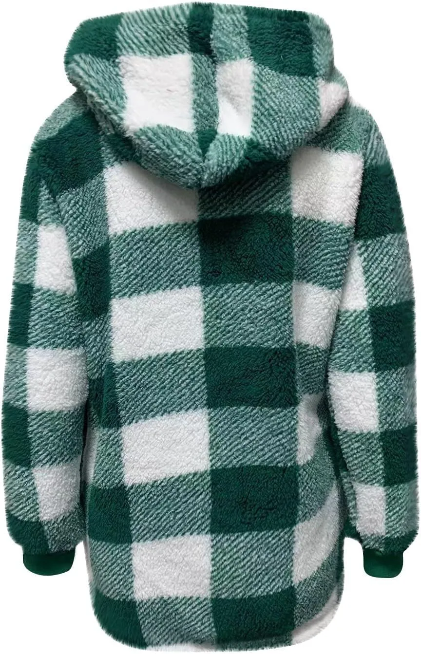 Sherpa Jacket Women Plaid Fuzzy Zip Up Hoodie Warm Plus Size Fleece Jacket Oversized Faux Fur Coat with Pockets