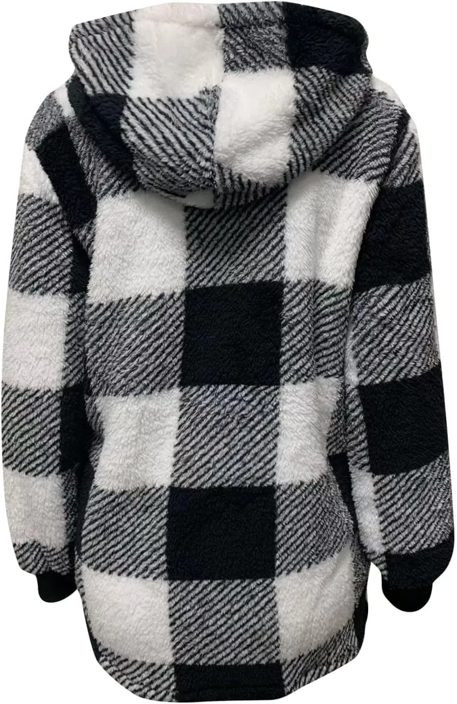 Sherpa Jacket Women Plaid Fuzzy Zip Up Hoodie Warm Plus Size Fleece Jacket Oversized Faux Fur Coat with Pockets