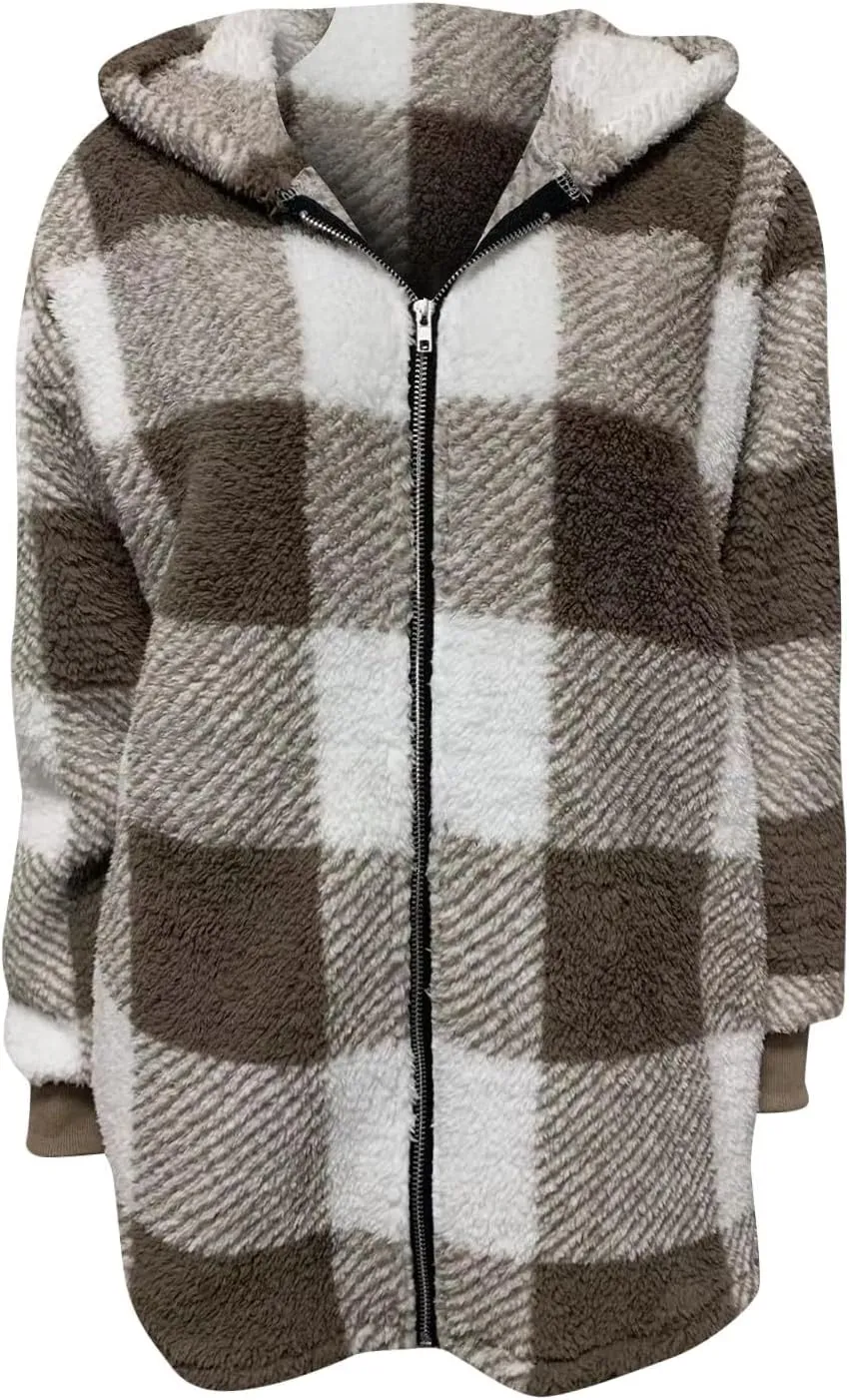 Sherpa Jacket Women Plaid Fuzzy Zip Up Hoodie Warm Plus Size Fleece Jacket Oversized Faux Fur Coat with Pockets