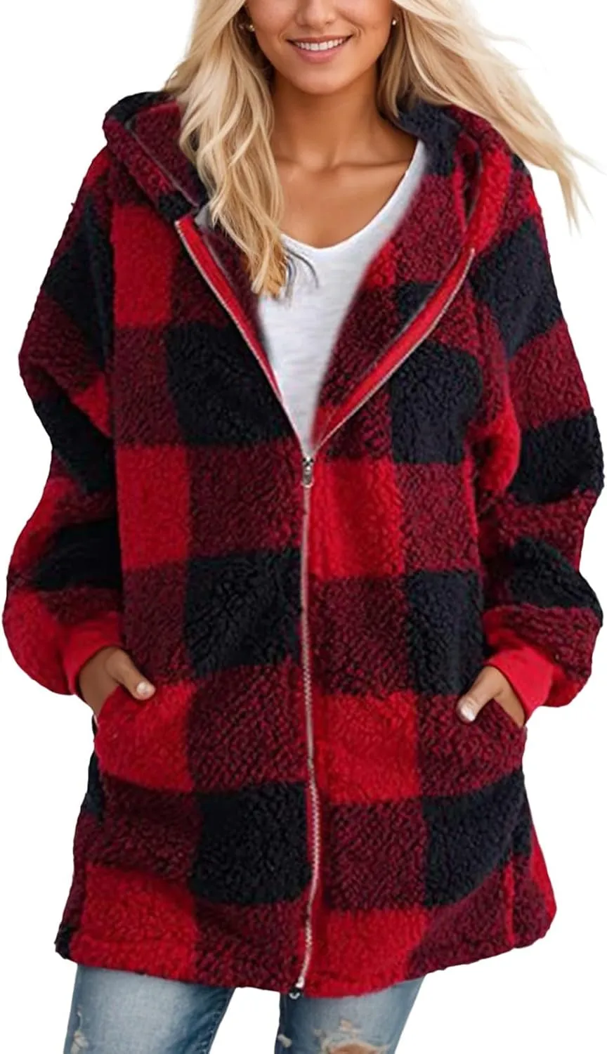 Sherpa Jacket Women Plaid Fuzzy Zip Up Hoodie Warm Plus Size Fleece Jacket Oversized Faux Fur Coat with Pockets