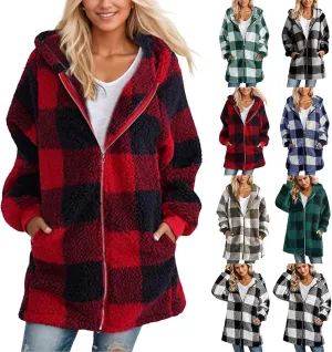 Sherpa Jacket Women Plaid Fuzzy Zip Up Hoodie Warm Plus Size Fleece Jacket Oversized Faux Fur Coat with Pockets