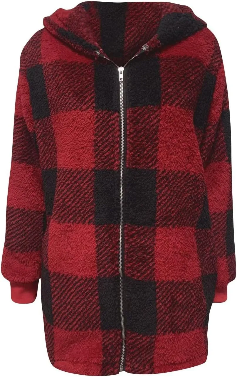 Sherpa Jacket Women Plaid Fuzzy Zip Up Hoodie Warm Plus Size Fleece Jacket Oversized Faux Fur Coat with Pockets