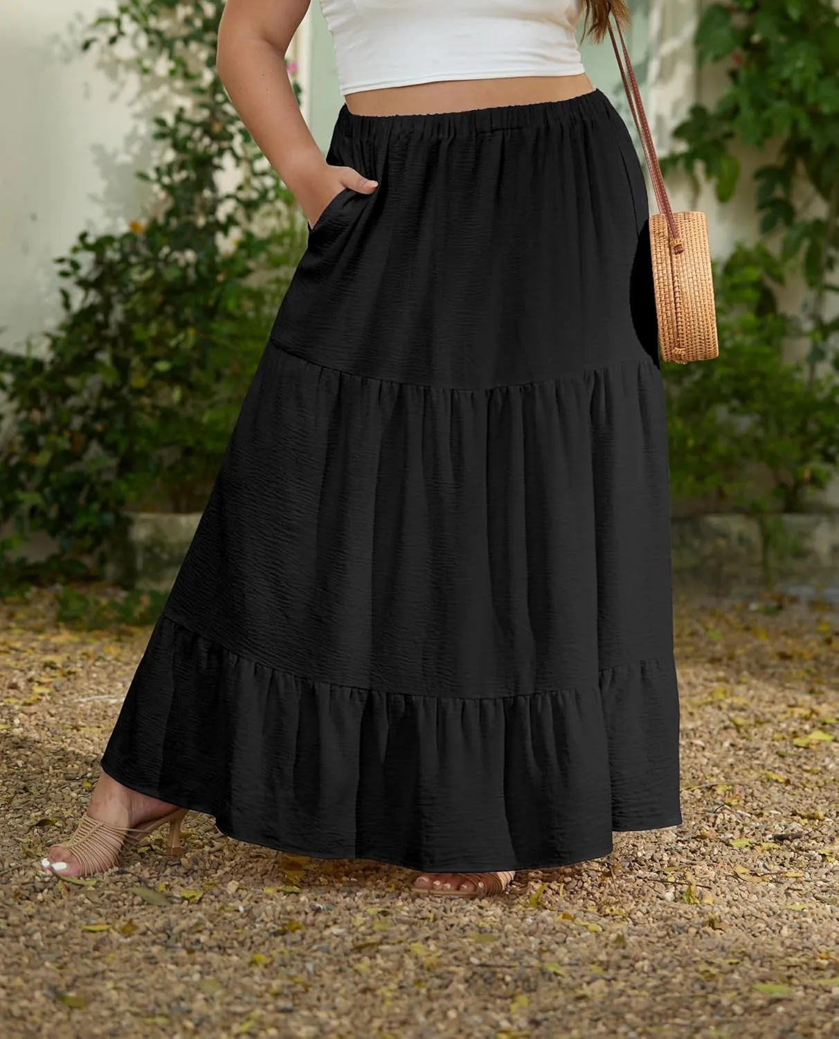 SHIJIALI Women's Plus Size Casual Boho High Waisted Flowy Maxi Skirts Trendy Floral Pleated Long Skirts with Pockets