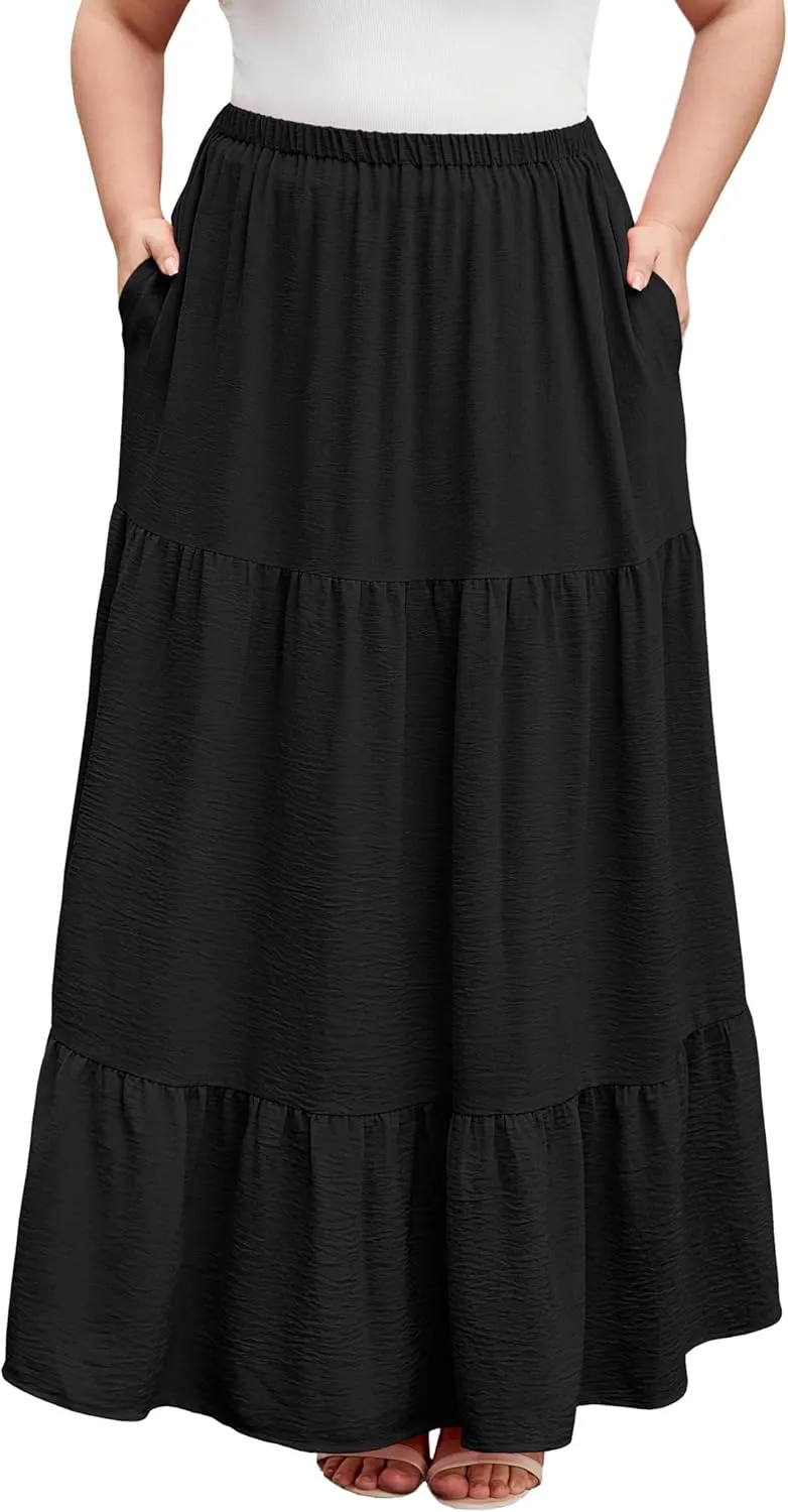 SHIJIALI Women's Plus Size Casual Boho High Waisted Flowy Maxi Skirts Trendy Floral Pleated Long Skirts with Pockets
