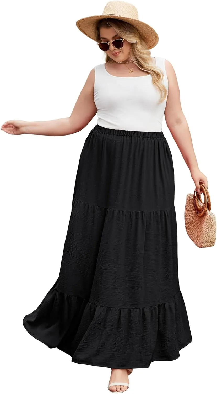 SHIJIALI Women's Plus Size Casual Boho High Waisted Flowy Maxi Skirts Trendy Floral Pleated Long Skirts with Pockets