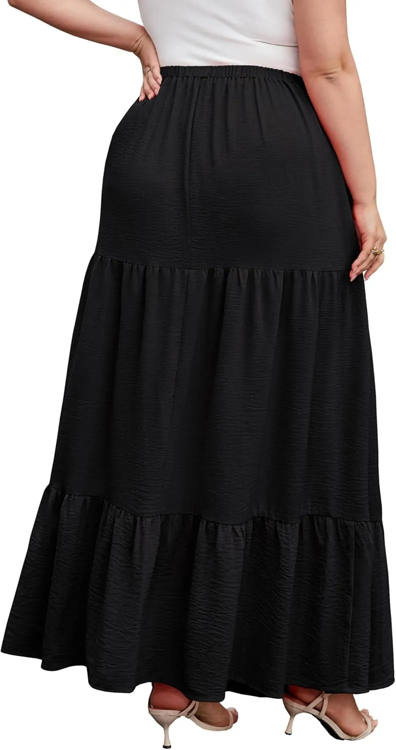 SHIJIALI Women's Plus Size Casual Boho High Waisted Flowy Maxi Skirts Trendy Floral Pleated Long Skirts with Pockets