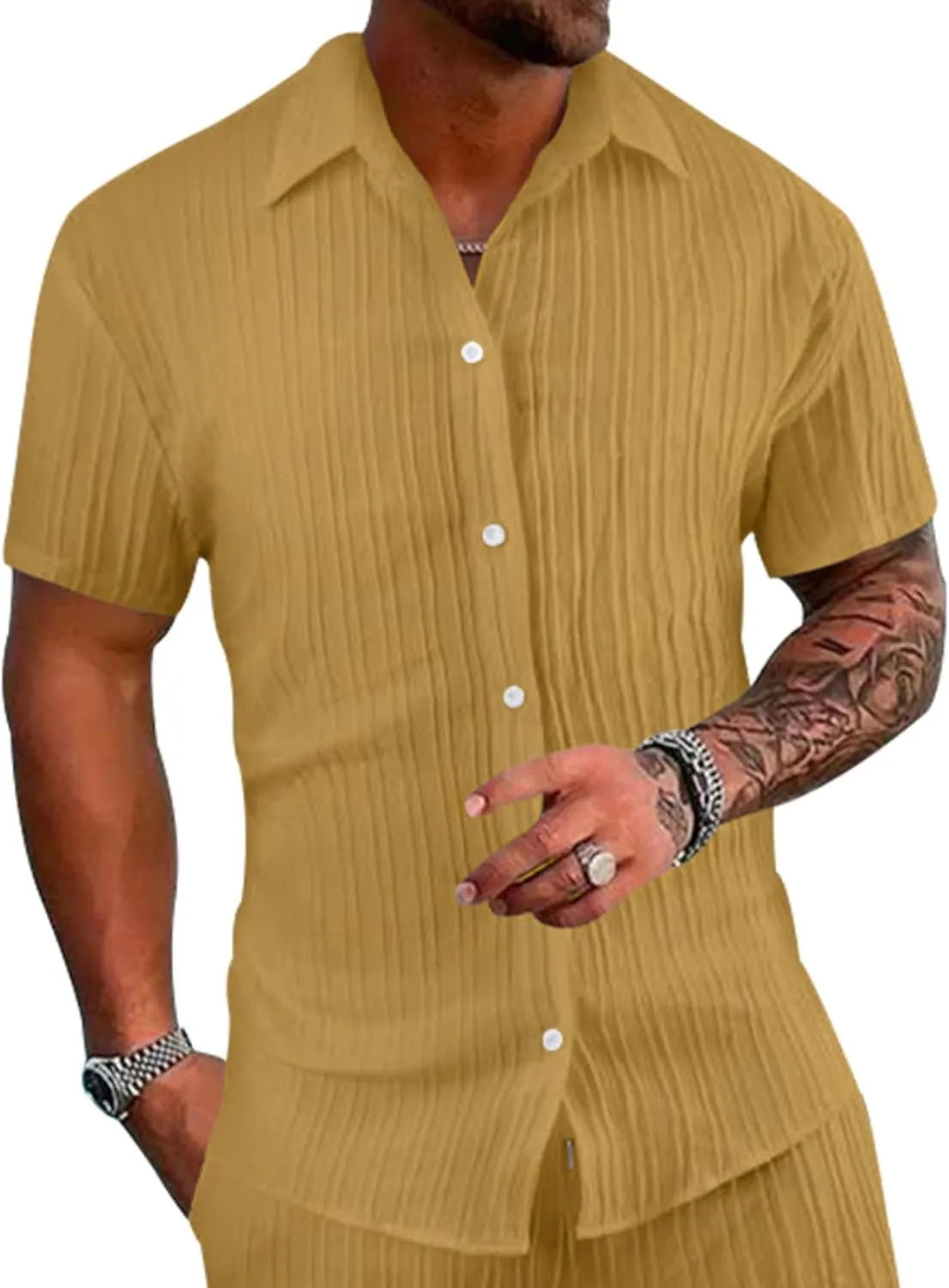 Short Sleeve Shirts Men Polo Striped Button Down Slim Fit Lapel Collar Jacquard Casual Summer Beach Tee Tops