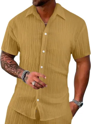 Short Sleeve Shirts Men Polo Striped Button Down Slim Fit Lapel Collar Jacquard Casual Summer Beach Tee Tops