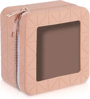 Silicone Clear Makeup Bag, Soft Portable Small Travel Cosmetic Bag for Women, Make Up Organizer Toiletry Bag with Rose Gold Zippers - Beige Pink