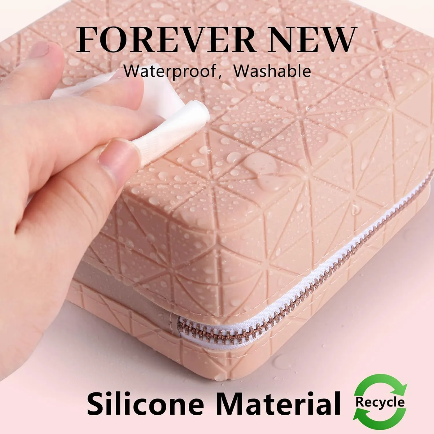 Silicone Clear Makeup Bag, Soft Portable Small Travel Cosmetic Bag for Women, Make Up Organizer Toiletry Bag with Rose Gold Zippers - Beige Pink