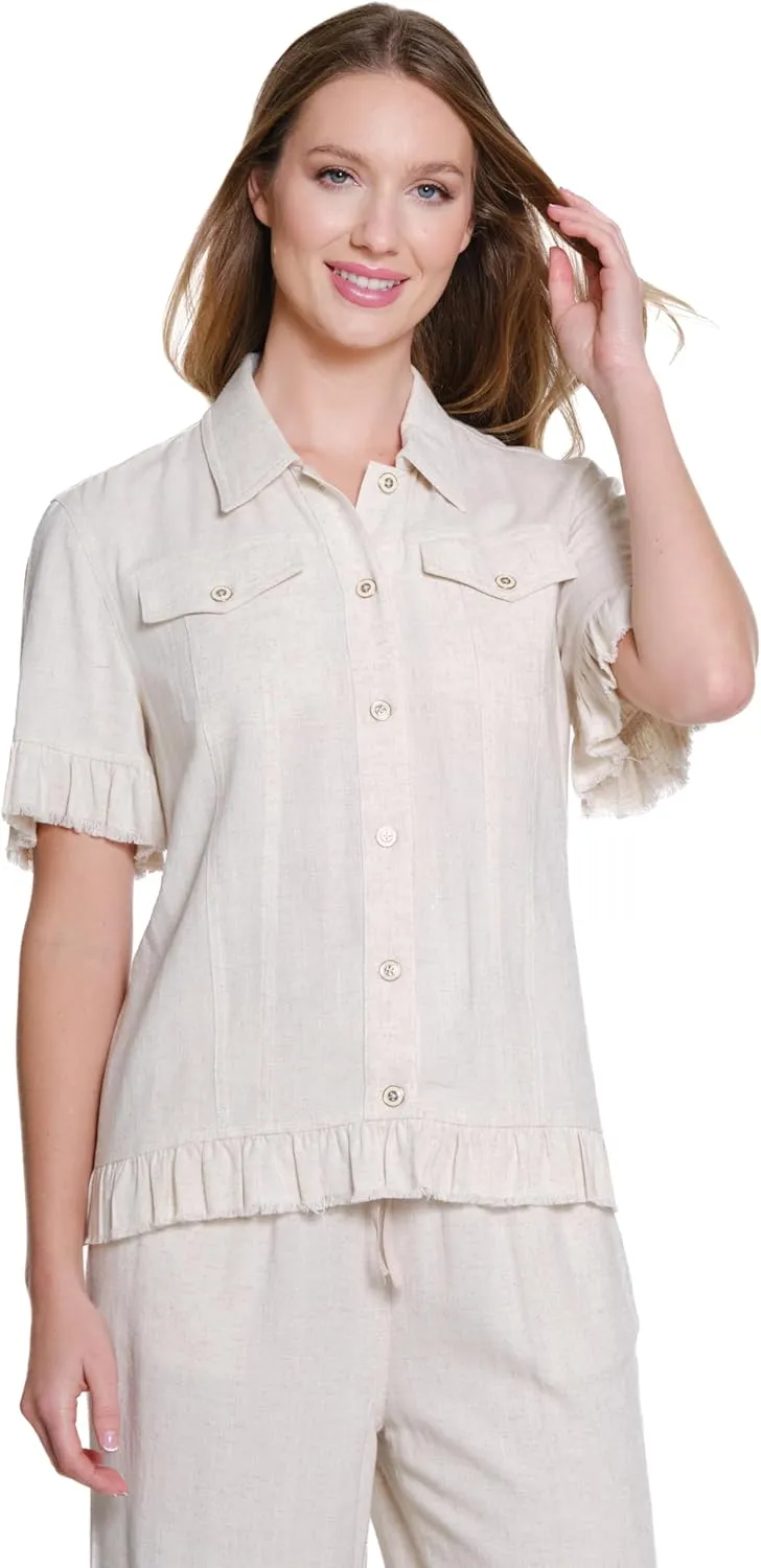 SLIM-SATION Women's Petite Short Sleeve 2 Pockets Ruffle Hem Jean Jacket