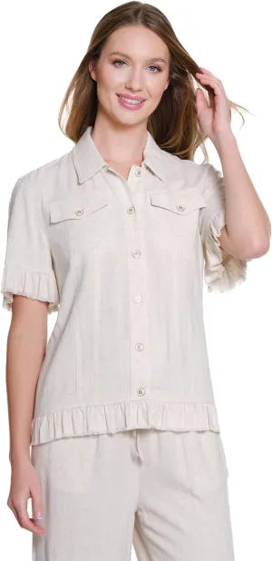 SLIM-SATION Women's Petite Short Sleeve 2 Pockets Ruffle Hem Jean Jacket