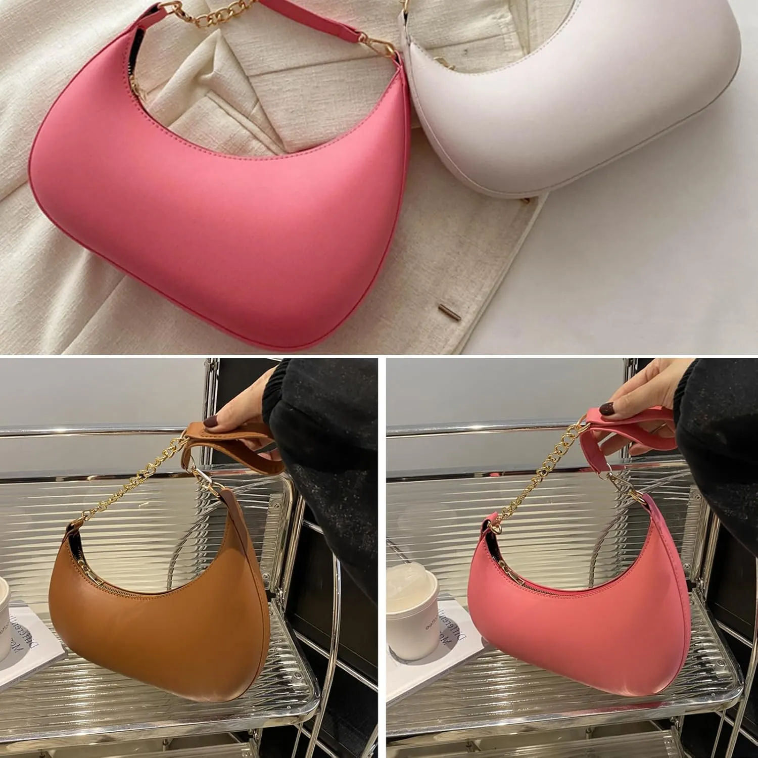 Small Casual Shoulder Purses for Women Vegan Leather Hobo Tote Saddle Handbag, Underarm Evening Purses with Zipper Closure