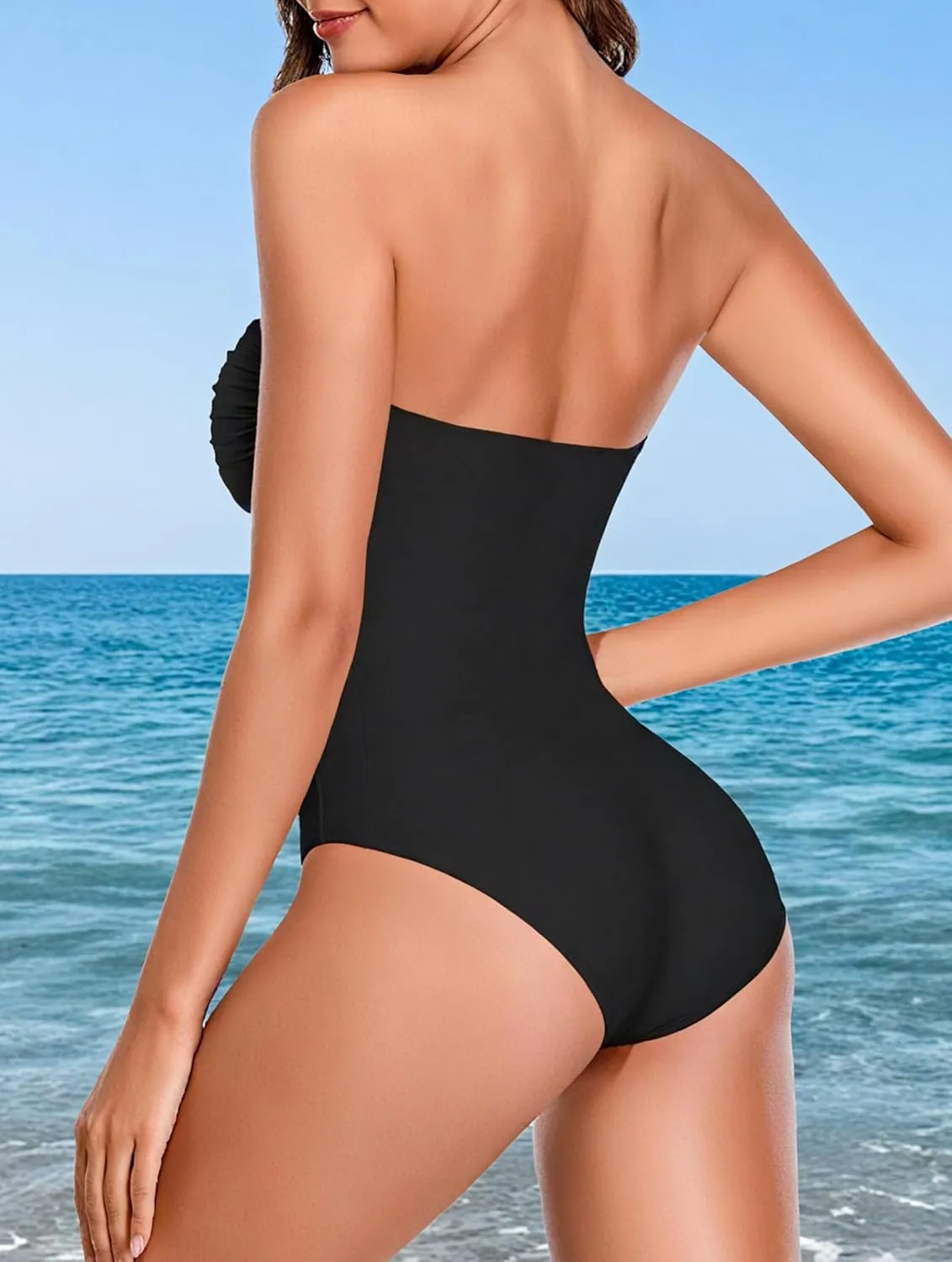 Smismivo Strapless Tummy Control One Piece Swimsuits for Women Bandeau Tube Top Bathing Suit Slimming Ruched Retro Swimwear