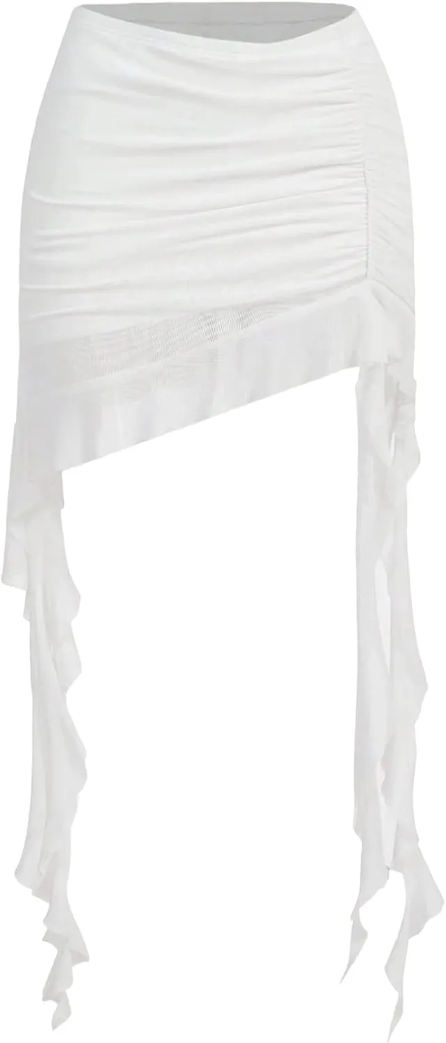 SOFIA'S CHOICE Women's Mesh Ruffle Mini Skirt Asymmetrical Hem Overlay Skort