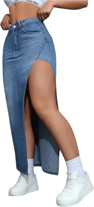 SOLY HUX Women's Denim Skirts High Split Bodycon Long Skirt Casual Going Out Jean Skirts