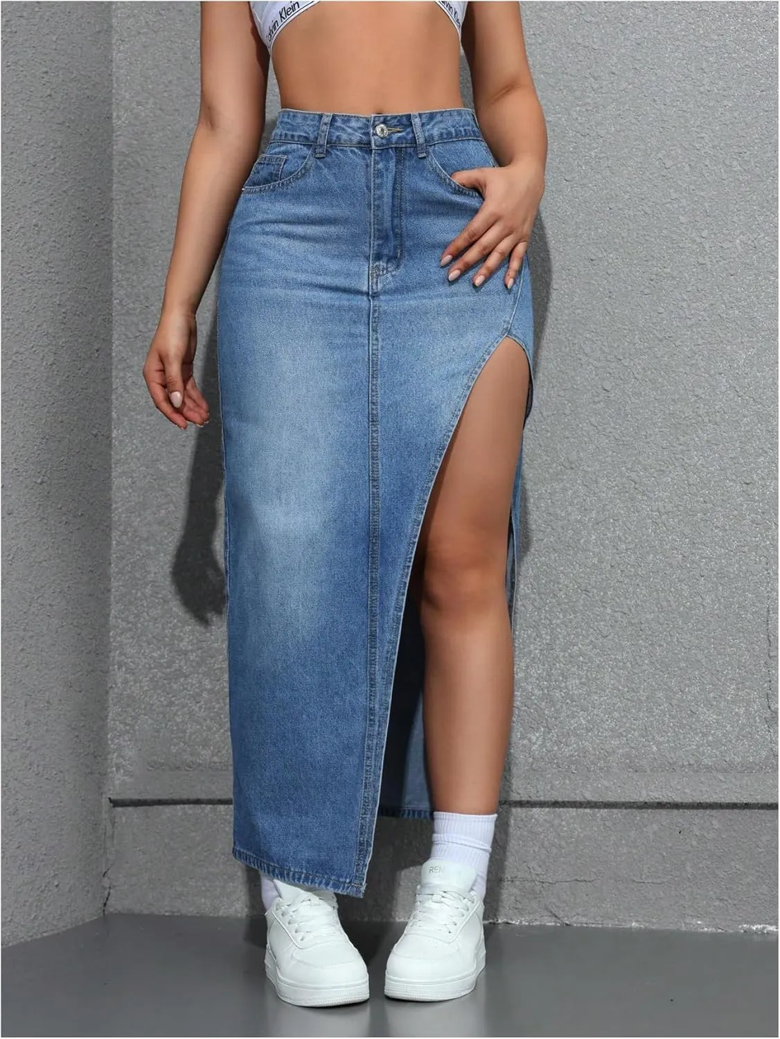 SOLY HUX Women's Denim Skirts High Split Bodycon Long Skirt Casual Going Out Jean Skirts