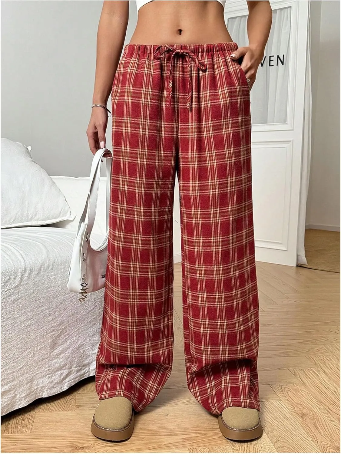 SOLY HUX Women's Plaid Print Straight Leg Trousers Drawstring High Waist Lounge Pants Casual Loose Long Pants