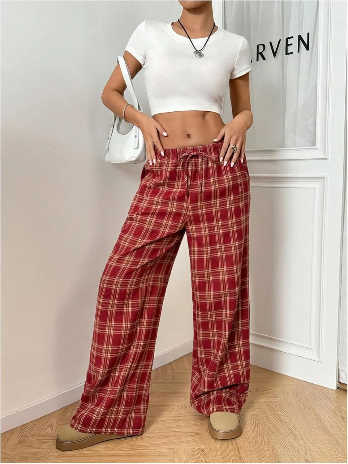 SOLY HUX Women's Plaid Print Straight Leg Trousers Drawstring High Waist Lounge Pants Casual Loose Long Pants