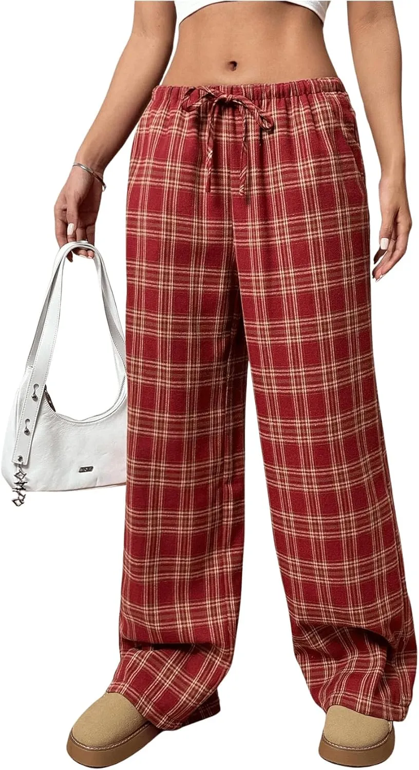 SOLY HUX Women's Plaid Print Straight Leg Trousers Drawstring High Waist Lounge Pants Casual Loose Long Pants
