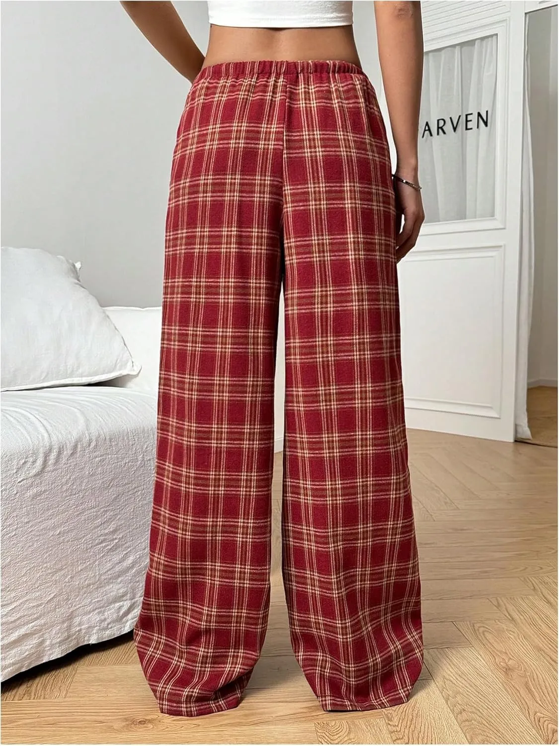 SOLY HUX Women's Plaid Print Straight Leg Trousers Drawstring High Waist Lounge Pants Casual Loose Long Pants