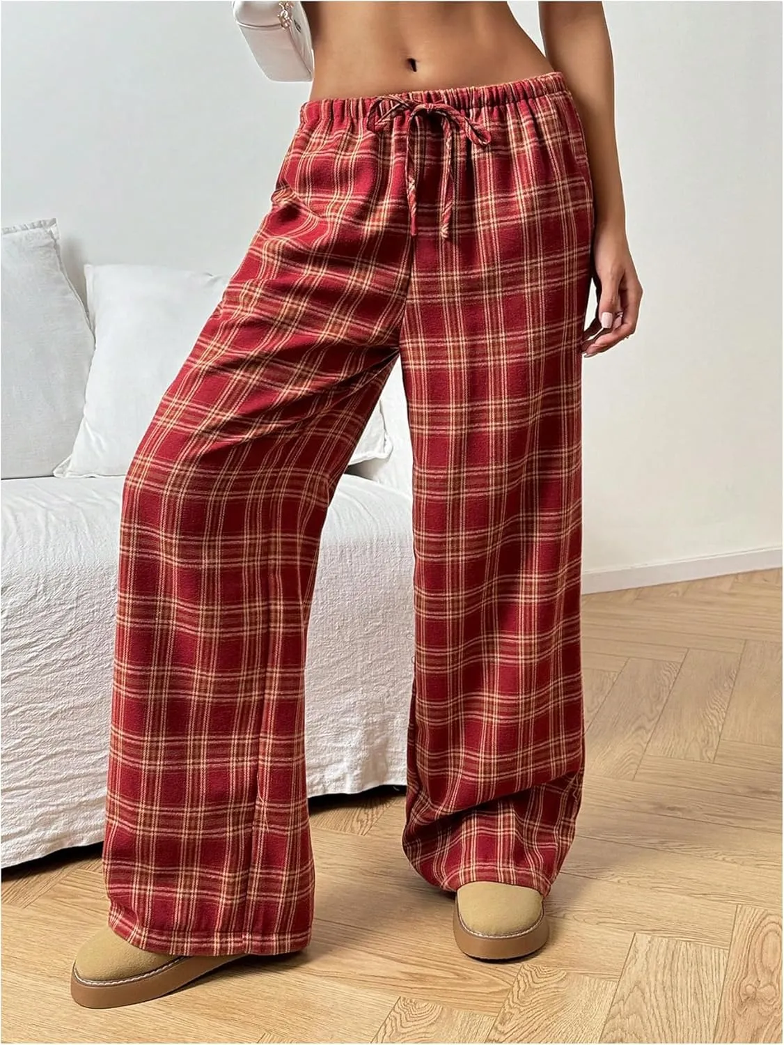SOLY HUX Women's Plaid Print Straight Leg Trousers Drawstring High Waist Lounge Pants Casual Loose Long Pants