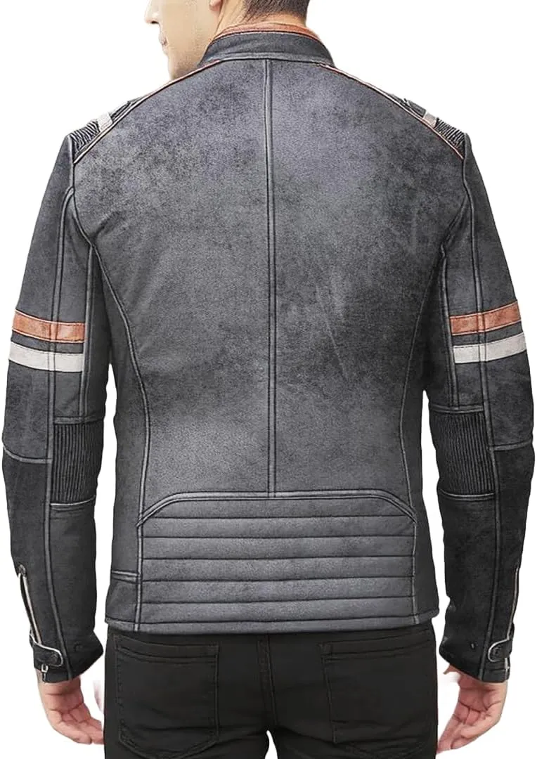 SpazeUp Cafe Racer Jacket Vintage Motorcycle Retro Moto Distressed Leather Jacket | Distressed Motorcycle Jacket Men
