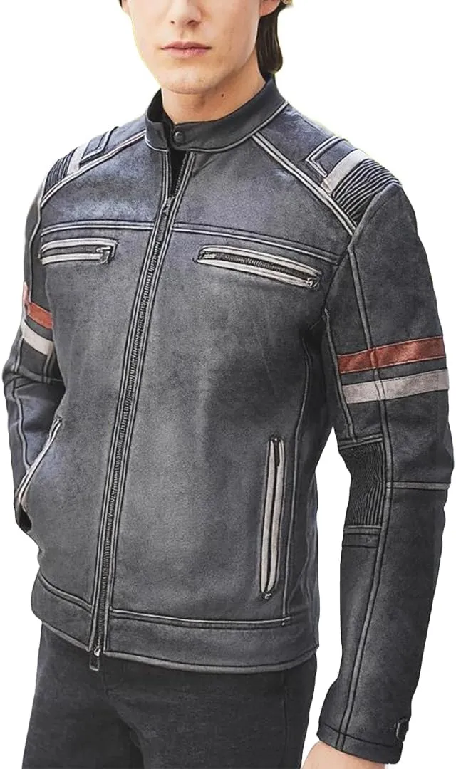 SpazeUp Cafe Racer Jacket Vintage Motorcycle Retro Moto Distressed Leather Jacket | Distressed Motorcycle Jacket Men