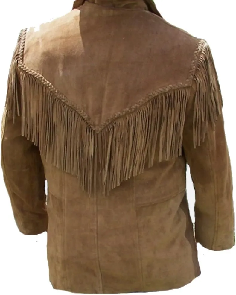 SpazeUp Mens Suede Leather Native American Brown Fringe Western Style Cowboy Jacket - Traditional Fashionable Coat Men
