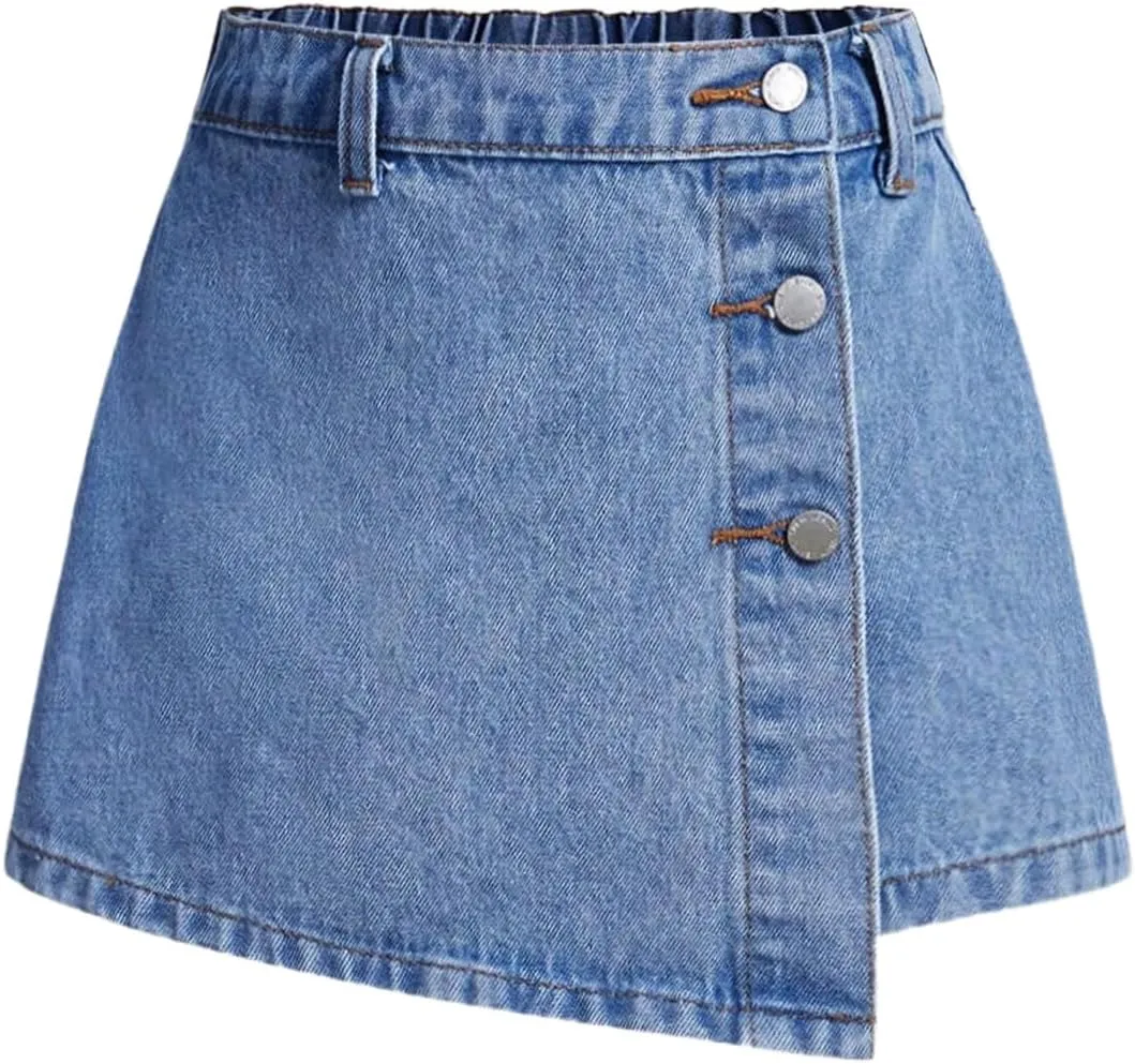 SweatyRocks Girl's Denim Skorts Elastic Waist Button Front Asymmetrical Casual Jean Shorts