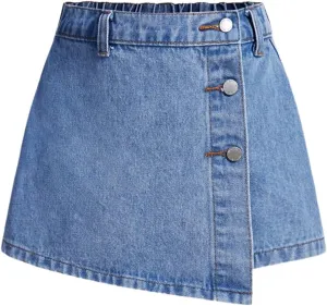 SweatyRocks Girl's Denim Skorts Elastic Waist Button Front Asymmetrical Casual Jean Shorts