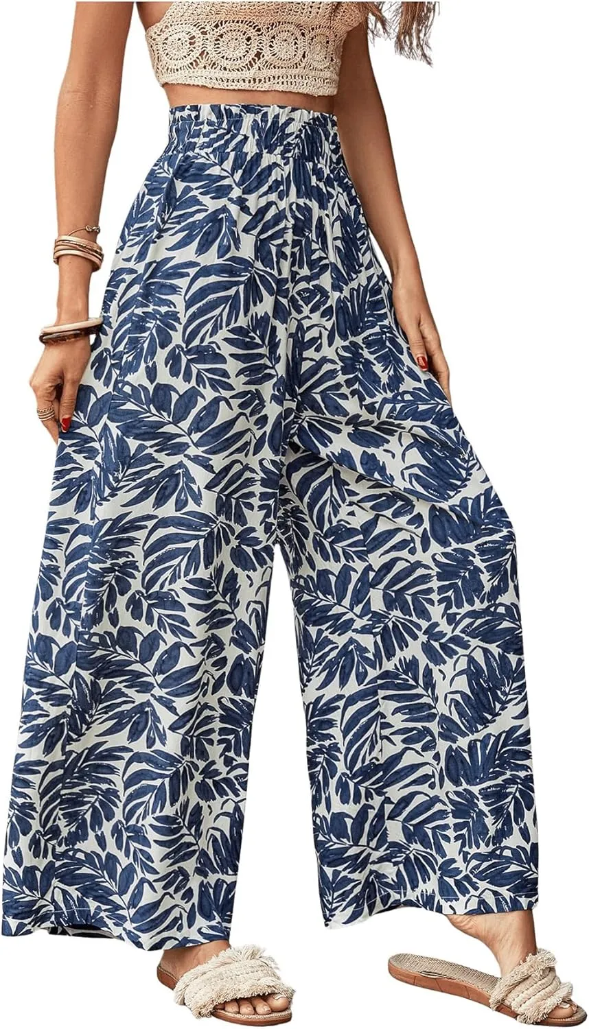 SweatyRocks Women's High Elastic Waist Pants Floral Print Drawstring Wide Leg Loose Palazzo Pants Trousers