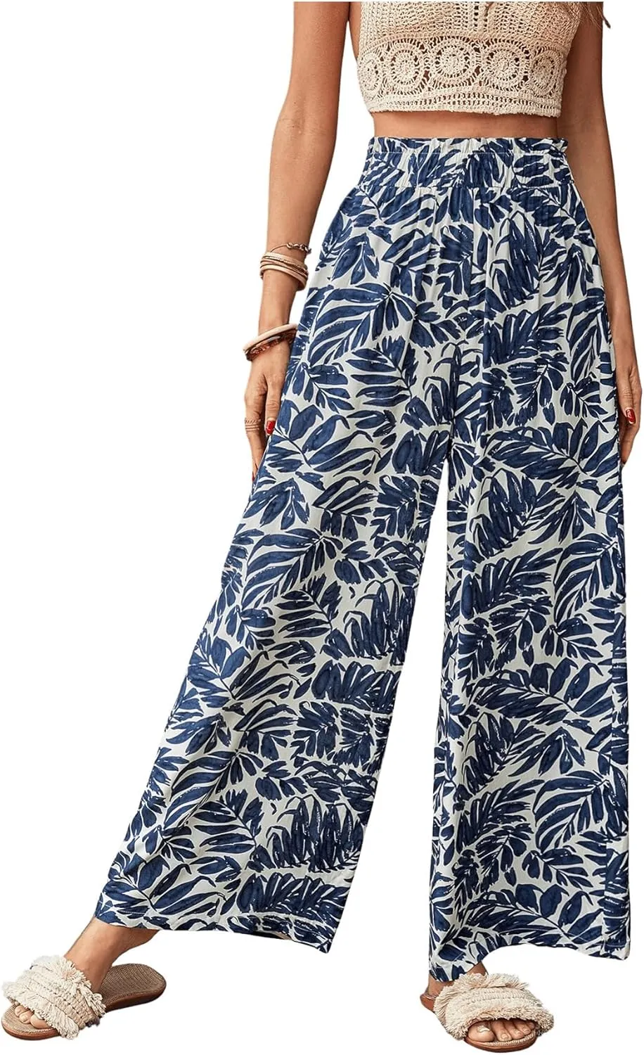 SweatyRocks Women's High Elastic Waist Pants Floral Print Drawstring Wide Leg Loose Palazzo Pants Trousers
