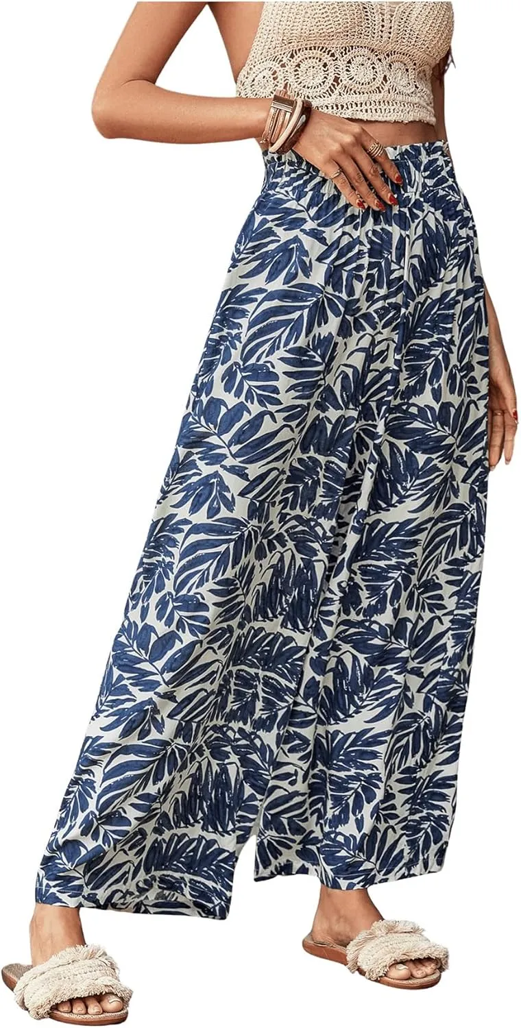 SweatyRocks Women's High Elastic Waist Pants Floral Print Drawstring Wide Leg Loose Palazzo Pants Trousers