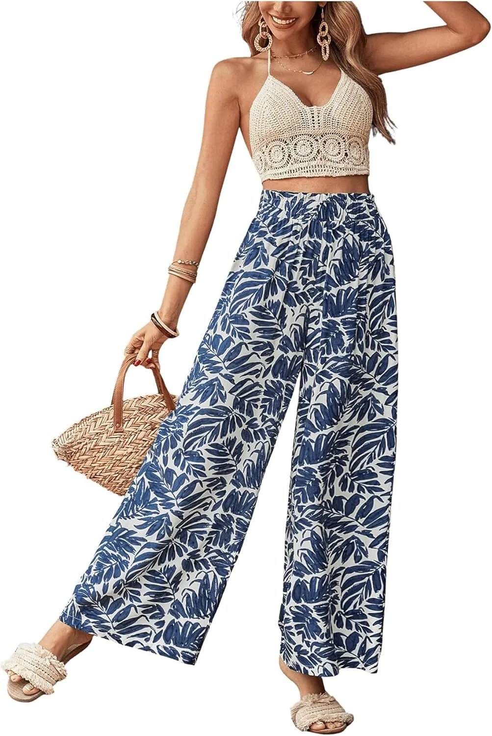 SweatyRocks Women's High Elastic Waist Pants Floral Print Drawstring Wide Leg Loose Palazzo Pants Trousers
