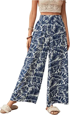 SweatyRocks Women's High Elastic Waist Pants Floral Print Drawstring Wide Leg Loose Palazzo Pants Trousers