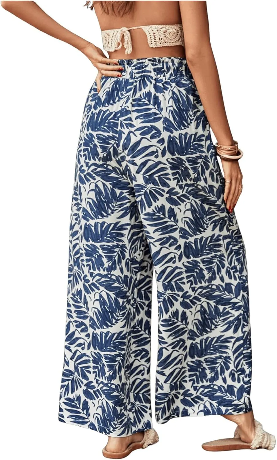 SweatyRocks Women's High Elastic Waist Pants Floral Print Drawstring Wide Leg Loose Palazzo Pants Trousers