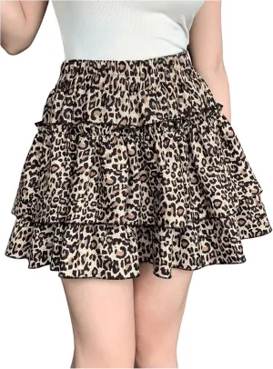 SweatyRocks Women's Leopard Print Elastic High Waist Flared Skort Layered Ruffle Smocked Mini Skirts